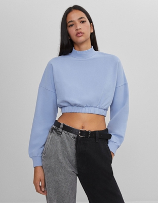 Bershka Sudadera Cropped Cuello Alto Mujer S Azul
