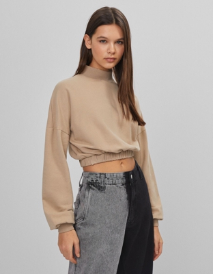 Bershka Sudadera Cropped Cuello Alto Mujer Xs Camel
