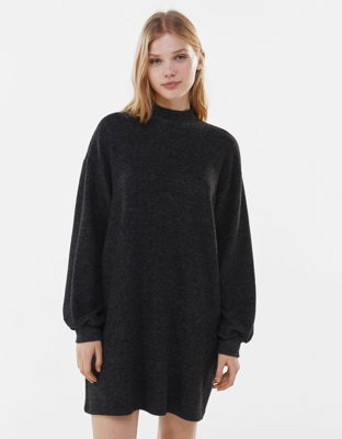 Bershka Vestido Corto Manga Abullonada Mujer S Negro