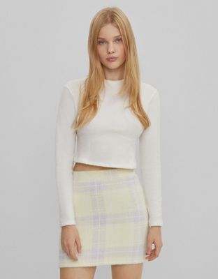 Bershka Falda Mini Fuzzy Cuadros Mujer M Amarillo