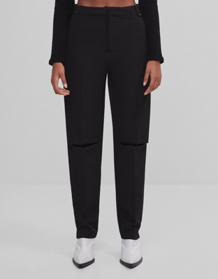 Bershka Pantalón Straight Corte Rodilla Mujer S Negro