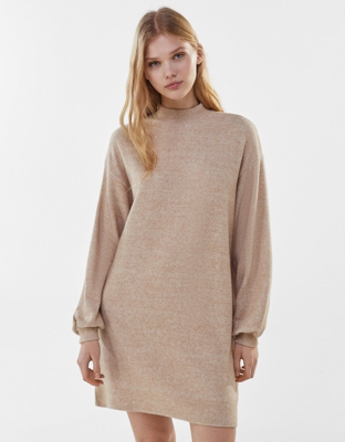 Bershka Vestido Corto Manga Abullonada Mujer L Beige