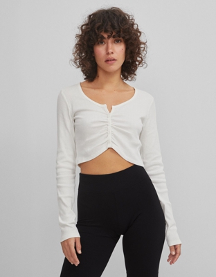 Bershka Camiseta Manga Larga Botones Y Frunce Mujer L Crudo