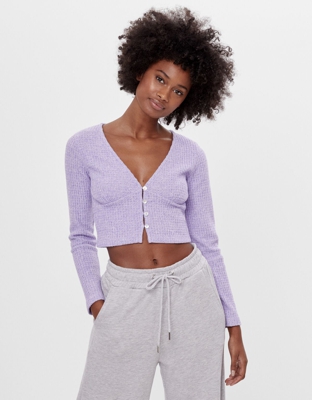 Bershka Camiseta Waffle Botones Mujer M Morado