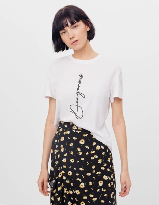 Bershka Camiseta Con Estampado Mujer L Blanco