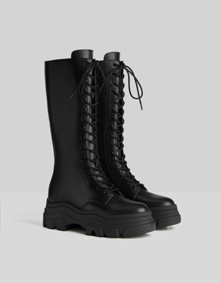 Bershka Botas Acordonadas Suela Track Mujer 35 Negro
