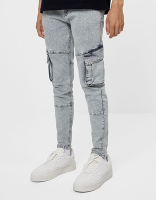 Bershka Pantalón Super Skinny Cargo Hombre 38 Gris