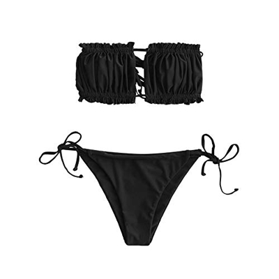 ZAFUL Bikini para mujer sin tirantes, escote con volantes, estilo bandeau. negro (schwarz 2) M