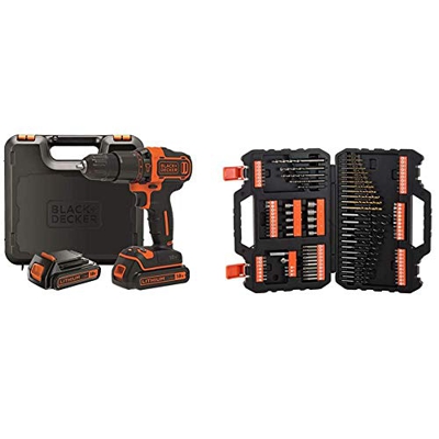BLACK+DECKER BDCHD18KB-QW - Taladro percutor 18V, 40 Nm, con 2 baterías litio 18V (1.5Ah) y maletín & A7200-XJ - Juego de 109 piezas para atornillar y