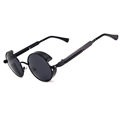 RONSOU Steampunk Estilo Redondo Vintage Polarizadas Gafas de Sol Retro Gafas UV400 Protección Metal Marco negro marco/gris lente