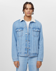Bershka Cazadora Denim Borreguito Hombre L Azul Lavado en oferta