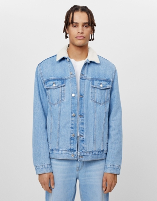 Bershka Cazadora Denim Borreguito Hombre L Azul Lavado