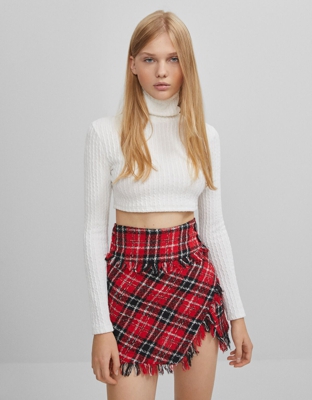 Bershka Falda Cuadros Desflecada Mujer M Rojo