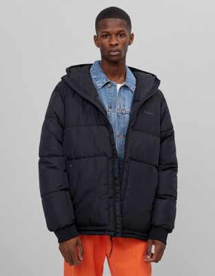 Bershka Cazadora Puffy Capucha Hombre S Negro