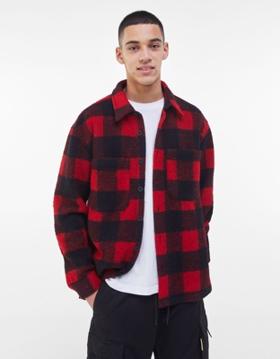 Bershka Sobrecamisa Lana Cuadros Hombre M Rojo