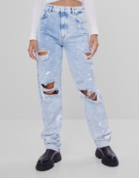Bershka Jeans Straight Rotos Lavado Mujer 38 Azul Lavado en oferta