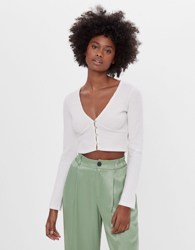 Bershka Camiseta Waffle Botones Mujer S Crudo en oferta