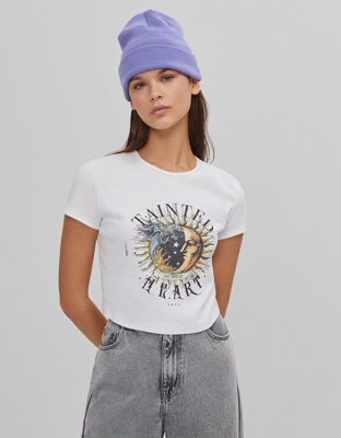 Bershka Camiseta Con Estampado Mujer L Blanco Roto