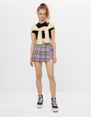 Bershka Falda Pantalón Cuadros Mujer M Morado