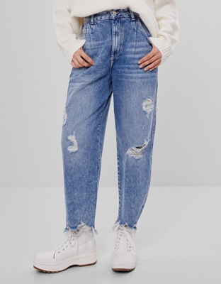 Bershka Jeans Balloon Desflecado Mujer 36 Azul