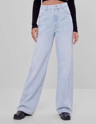Bershka Jeans Wide Leg Mujer 40 Azul Lavado