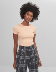 Bershka Camiseta De Manga Corta Y Canalé Mujer L Naranja en oferta