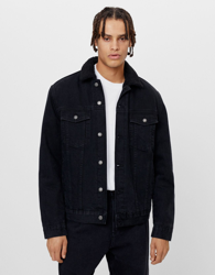 Bershka Cazadora Denim Borreguito Hombre Xxl Negro en oferta