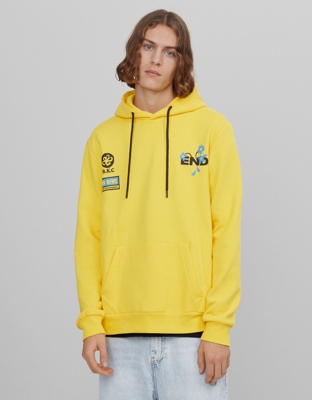 Bershka Sudadera Print Capucha Hombre M Mostaza