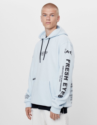 Bershka Sudadera Print Capucha Hombre Xs Azul Claro