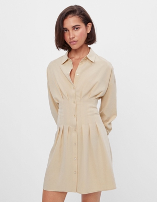 Bershka Camisa Vestido Pliegues Mujer L Camel