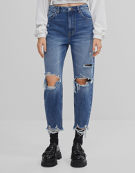 Bershka Jeans Mom Rotos Mujer 38 Azul en oferta