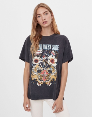 Bershka Camiseta Oversize Print Mujer M Negro