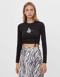 Bershka Camiseta Lace Up Gráfico Mujer L Negro precio