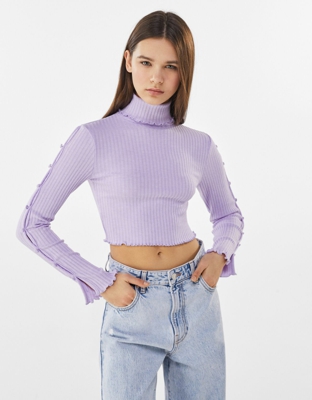 Bershka Camiseta Cuello Vuelto Botones Manga Mujer L Morado