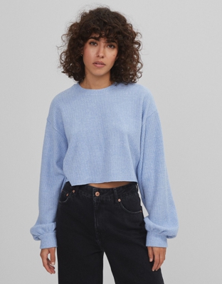 Bershka Jersey Cropped Rib Mujer M Azul Claro