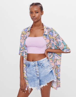 Bershka Short Denim Botones Mujer 36 Azul Lavado
