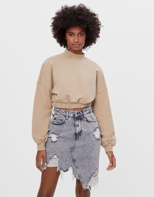 Bershka Falda Denim Asimétrica Mujer 38 Gris