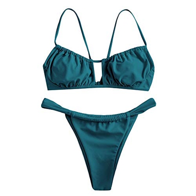 ZAFUL - Bikini acolchado de dos piezas para mujer, con agujero de llave, corbata de estilo desenfadado azul pavo real M