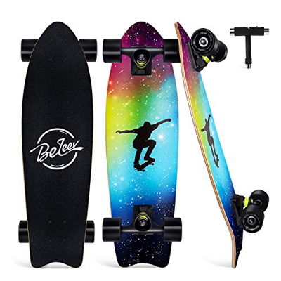 BELEEV Cruiser Skateboard, 27 x 8 pulgadas, monopatín completo para niños, adolescentes y adultos, 7 capas de arce canadiense doble patada, tabla cónc