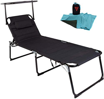 WildStage - Tumbona de aluminio XXL plegable con techo hasta 150 kg, 5 posiciones, tumbona de jardín extra alta con toldo 200 x 70 x 45 cm, color negr