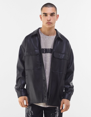 Bershka Sobrecamisa Efecto Piel Hombre L Negro