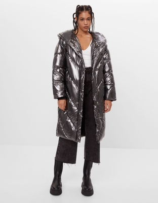 Bershka Abrigo Largo Nylon Mujer S Plata