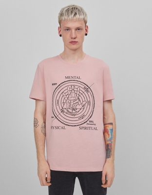 Bershka Camiseta Print Hombre Xl Rosa