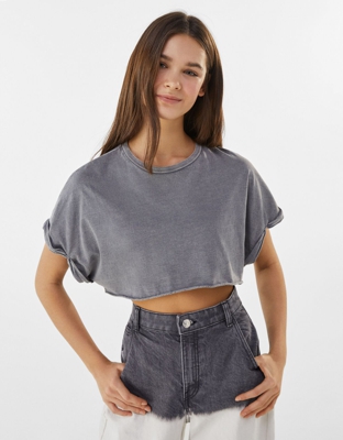 Bershka Camiseta Super Cropped Mujer Xs Gris