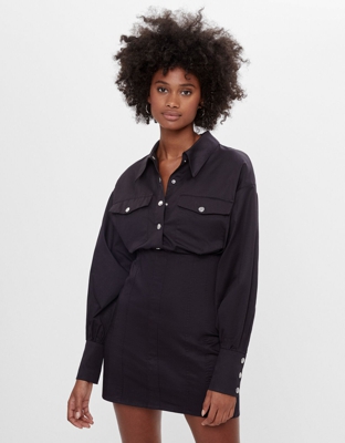 Bershka Vestido Camisero Popelín Mujer Xs Negro