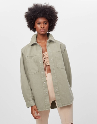Bershka Sobrecamisa Acid Wash Mujer Xs-S Kaki
