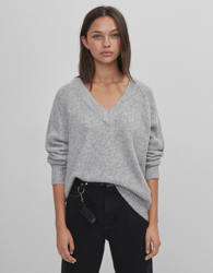 Bershka Jersey Cuello Pico Mujer Xs Gris precio