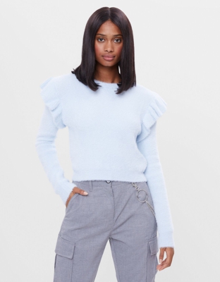 Bershka Jersey Hombro Volante Mujer S Azul Claro