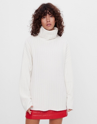 Bershka Jersey Oversize Cuello Vuelto Mujer L Blanco