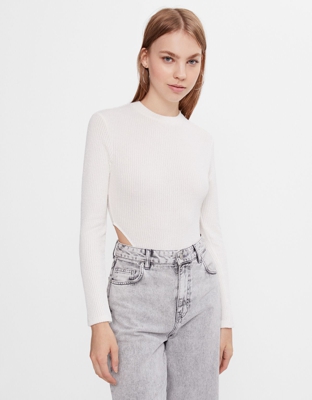 Bershka Body Manga Larga Mujer Xs Blanco Roto